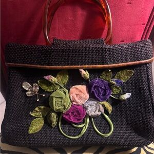 Unique Vintage Black Bag with Colorful Floral Design